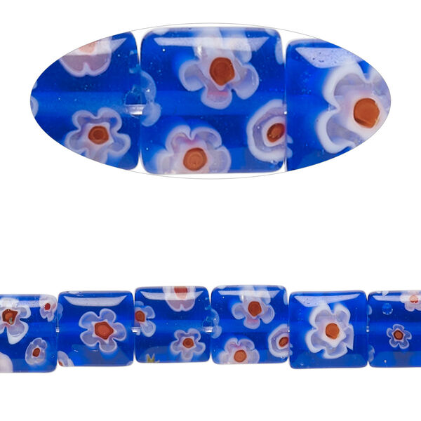 Bead, millefiori glass, translucent blue / white / multicolored, 7mm-9x8mm puffed square with flower design. Sold per 14-inch strand, approximately 50 beads. image number 0