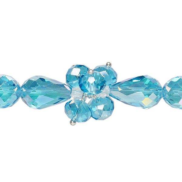 Bead, glass and silver-finished brass, translucent light blue AB / light blue / clear, 4mm faceted bicone / 8x6mm faceted rondelle / 15x10mm faceted teardrop. Sold per 8-inch strand. image number 0