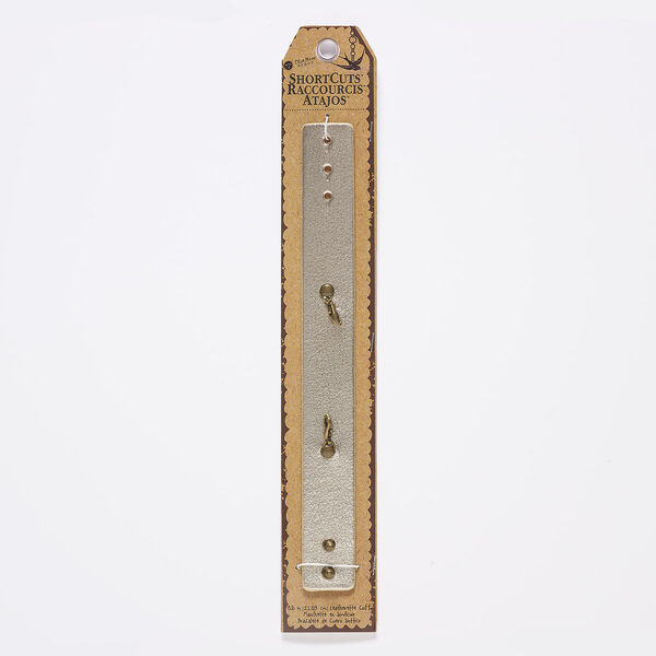 Bracelet component, letherette / antique brass-finished "pewter" (zinc-based alloy) / steel, gold, 25mm wide with textured design, wearable from 6 to 8 inches with stud button closure and (2) lobster claw clasps. Sold individually. image number 0