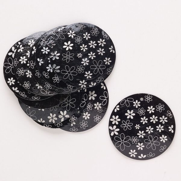 Focal, Capiz shell (dyed), black and white, 49-51mm round with flower, Mohs hardness 3-1/2. Sold per pkg of 10. image number 0