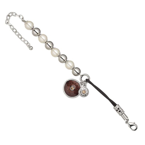 Bracelet, freshwater pearl shell (bleached) / leather (dyed) / enamel / glass rhinestone / silver-coated plastic / rhodium-finished steel / "pewter" (zinc-based alloy), multicolored, 10mm round and 21mm domed round, 6 inches with 2-1/2 inch extender chain and lobster claw clasp. Sold individually. image number 0