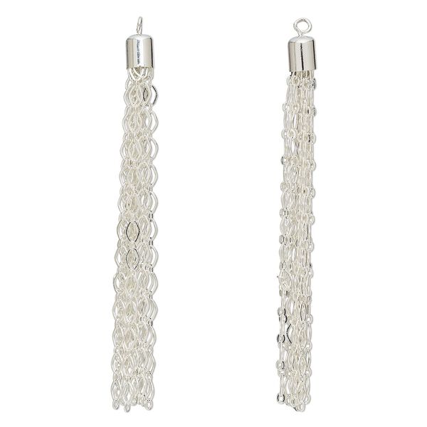 Focal, silver-plated brass, 3 x 1/4 inch long and short chain tassel. Sold per pkg of 2. image number 0