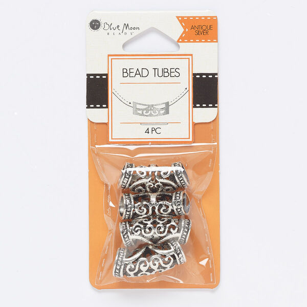 Bead, antique silver-finished "pewter" (zinc-based alloy), 24x10mm curved tube with cutout swirl design and 7mm hole. Sold per pkg of 4. image number 0