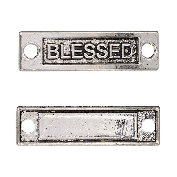 Link, antique silver-finished "pewter" (zinc-based alloy), 36x10mm single-sided curved flat rectangle with "BLESSED." Sold per pkg of 2. image number 0