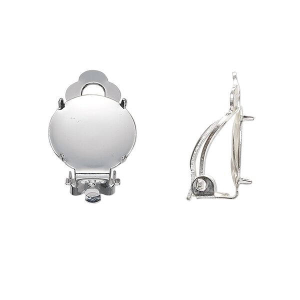 Earring clip-on 1pkg10 silver-plated, 14mm flat pad round / 13mm round 4-prong setting, steel / brass 5 pair image number 0