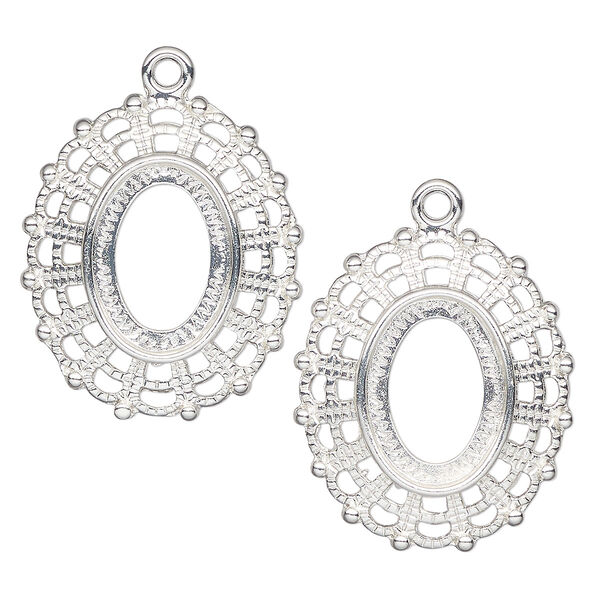 Pendant, silver-plated "pewter" (zinc-based alloy), 32x28mm fancy oval, 18x13mm oval setting. Sold per pkg of 2. image number 0