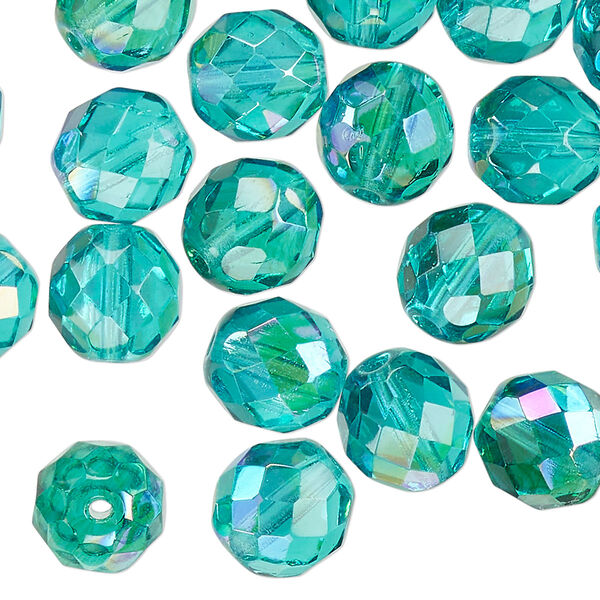 Czech fire-polished glass 1pkg1, faceted round bead half-coated translucent light aqua AB 1/2 mass 10mm image number 0