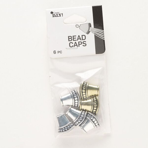 Cord end assortment, antique silver- and antique gold-finished "pewter" (zinc-based alloy), 16x15mm glue-in flat cone, 12.5x6mm inside diameter. Sold per pkg of 6. image number 0