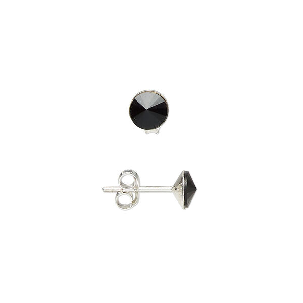Ear stud, sterling silver and glass, jet, 6mm round. Sold per pair. image number 0