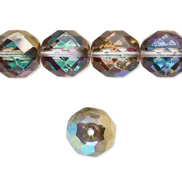 Bead, Czech fire-polished glass, pkg/15-1/2 to 16 inches, 12mm faceted round, two-tone clear AB and metallic amber gold, (00030-98536). image number 0