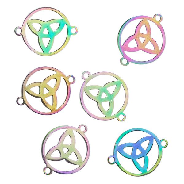 Link, electro-coated stainless steel, rainbow, 17mm double-sided open round with trinity knot. Sold per pkg of 6. image number 0