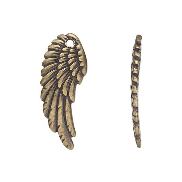 Charm, TierraCast®, antique brass-plated pewter (tin-based alloy), 28x11mm two-sided left- and right-facing curved wing. Sold per pair. image number 0