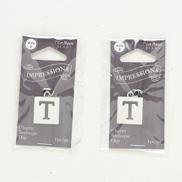 Drop, silver-finished "pewter" (zinc-based alloy) and steel, 16x15mm square with cutout alphabet letter "T." Sold per pkg of 2. image number 0
