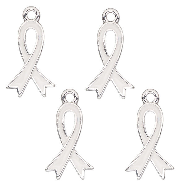 Charm, antique silver-finished enamel "pewter" (zinc-based alloy), white, 18x12mm single-sided awareness ribbon. Sold per pkg of 4. image number 0
