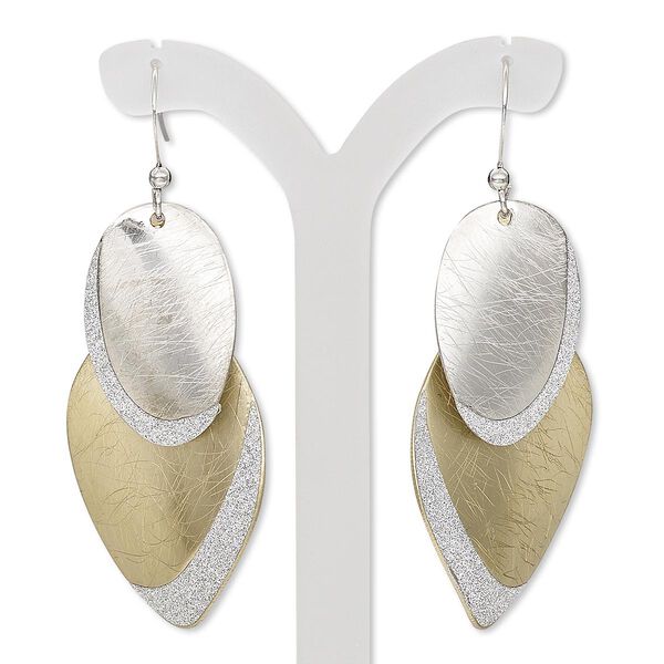 Earring, gold-finished / imitation rhodium-plated steel / brass, 2-1/3 inches with brushed and stardust oval with fishhook ear wire. Sold per pair. image number 0