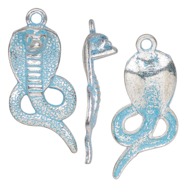 Focal, antique silver-finished pewter (tin-based alloy), blue patina, 36x19mm single-sided cobra. Sold per pkg of 4. image number 0