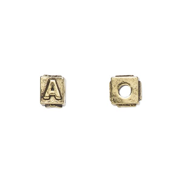 Bead, antique gold-plated pewter (tin-based alloy), 8x6mm rectangle with alphabet letter "A." Sold per pkg of 4. image number 0