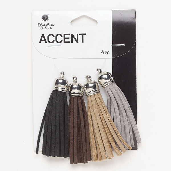 Tassel assortment, silver-finished copper and faux suede, assorted neutrals, 2 inches. Sold per pkg of 4. image number 0