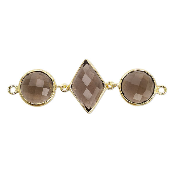Link, smoky quartz (heated / irradiated) and gold-finished sterling silver, 40x16mm single-sided with 11mm faceted round and 16x11mm faceted diamond. Sold individually. image number 0