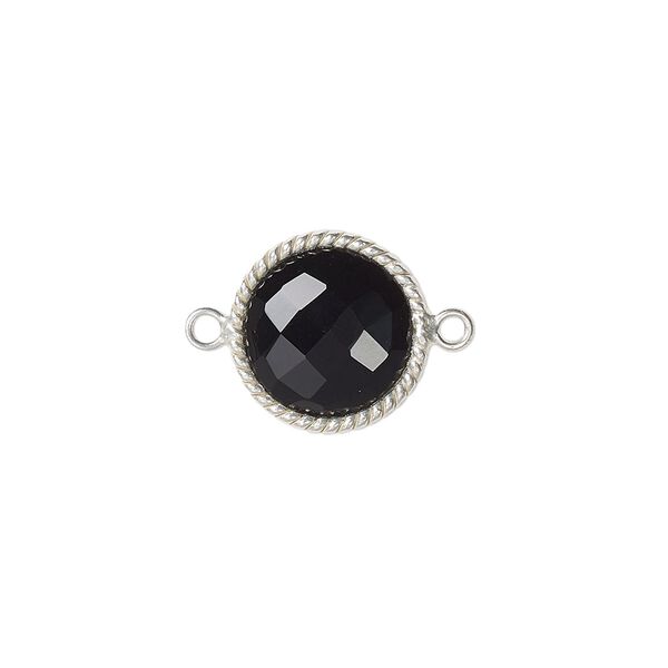 Link, black onyx (dyed) and sterling silver, 14-16mm hand-cut double-sided faceted round with twisted wire design. Sold individually. image number 0