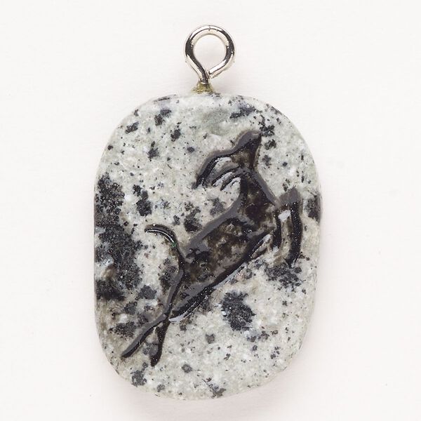 Focal, steel/sesame jasper (natural)/enamel, pkg/1, silver finish and black, 33x24mm single-sided puffed freeform with jumping deer, B grade. image number 0