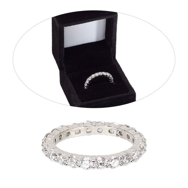 Ring, cubic zirconia and rhodium-finished brass, clear, 3mm wide eternity band, size 8. Sold individually. image number 0