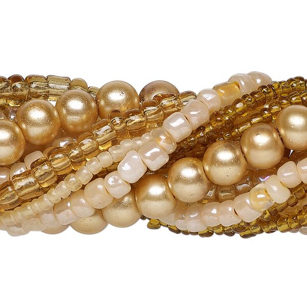 Bead assortment, glass, opaque to transparent light to dark cream, 3x1mm-6mm round and irregular rondelle. Sold per pkg of (8) 14-inch strands, approximately 1,200 beads. image number 0