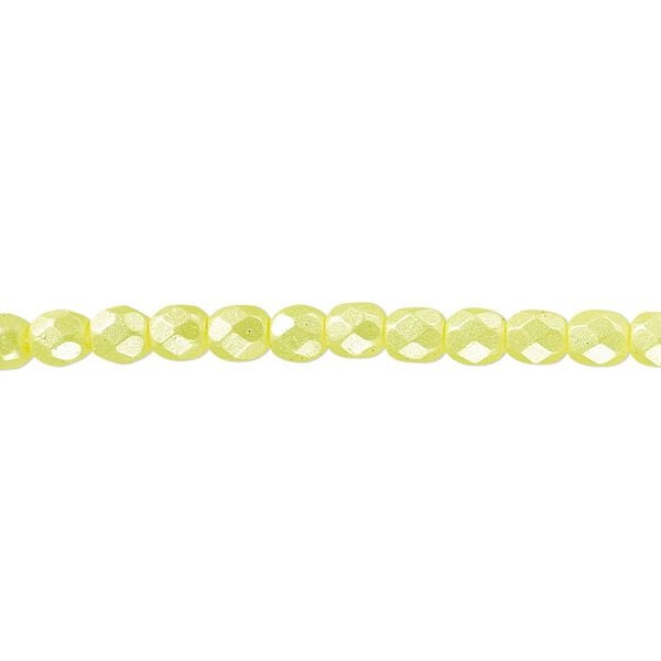 Bead, Czech fire-polished dipped décor glass, pearlescent light yellow, 4mm faceted round. Sold per pkg of 1,200 (1 mass). image number 0