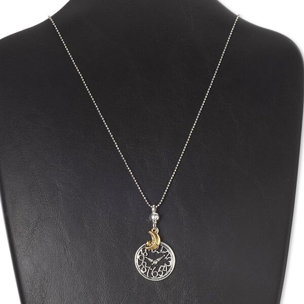 Necklace, silver-finished and antiqued gold-finished "pewter" (zinc-based alloy), 2-inch dangle with 28mm clock, 31 inches with ball chain connector. Sold individually. image number 0