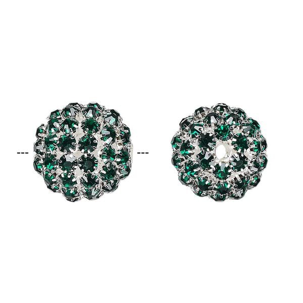 Bead, glass rhinestone and silver-finished brass, emerald green, 27mm ball with 5mm chatons, 4.5mm hole. Sold individually. image number 0
