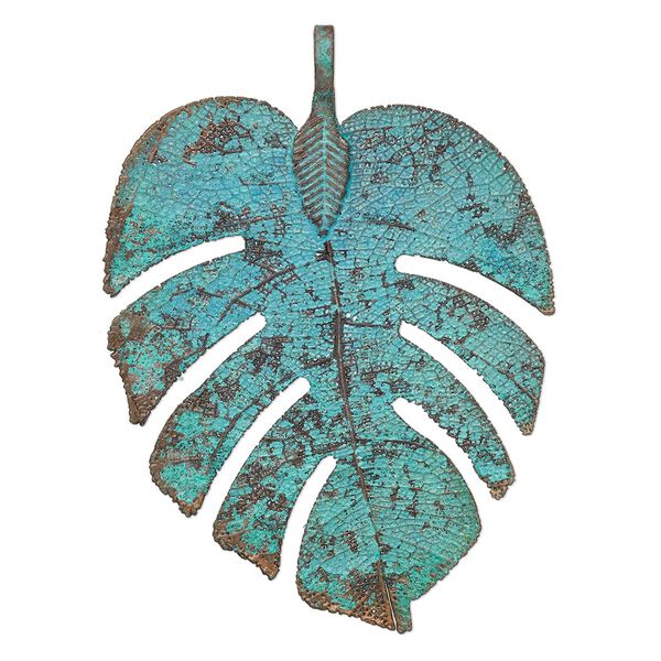 Pendant, copper-plated brass and Indian rubber plant, green patina, 54x41mm-56x41mm double-sided palm leaf. Sold individually. image number 0