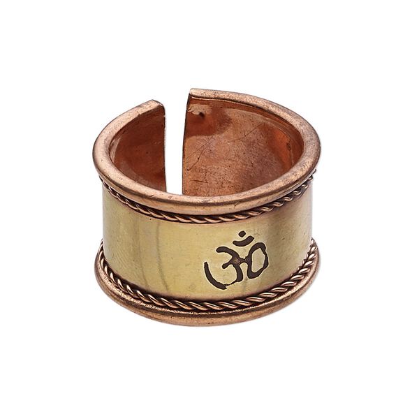 Ring, antiqued brass and copper, 15mm wide with rope design and Om symbol, adjustable from size 9-10. Sold individually. image number 0