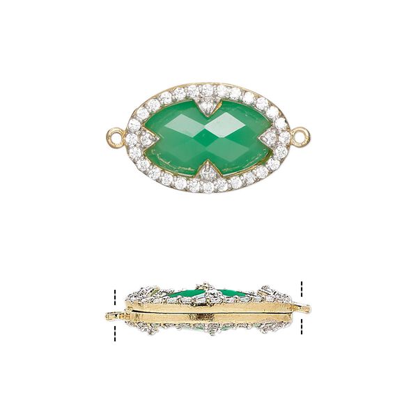 Link, chalcedony (dyed) / cubic zirconia / gold-finished sterling silver, clear and sea green, 18x12mm double-sided faceted oval. Sold individually. image number 0