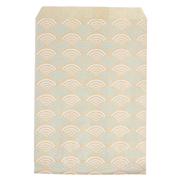 Bag, paper, brown, white and blue, 7x5 inch rectangle with fan-print and scalloped top edge. Sold per pkg of 100. image number 0