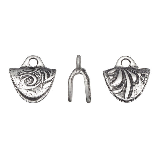 Crimp end, TierraCast®, pewter (tin-based alloy), 15x12mm 2-sided with jardin design. Rich antiquing highlights the graceful swirl details. Sold per pkg of 20. image number 0