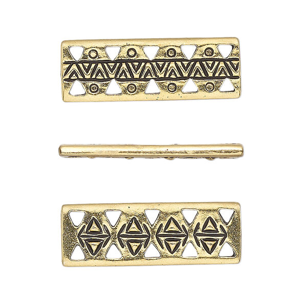 Link, TierraCast®, antique gold-plated pewter, 26x9mm 5-strand two-sided woven rectangle bar with rhythm theme. Sold per pkg of 4. image number 0