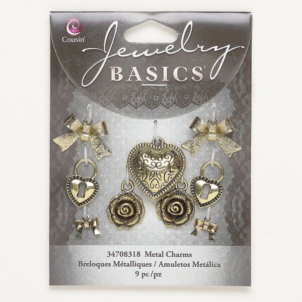 Charm assortment, steel and brass, pkg/9, antique gold finish, 9x7mm-21x20mm assorted shapes. image number 0