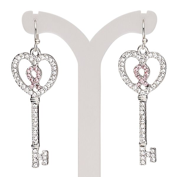 Earring, glass rhinestone with imitation rhodium-plated brass and "pewter" (zinc-based alloy), clear and pink, 2 inches with key and fishhook ear wire. Sold per pair. image number 0