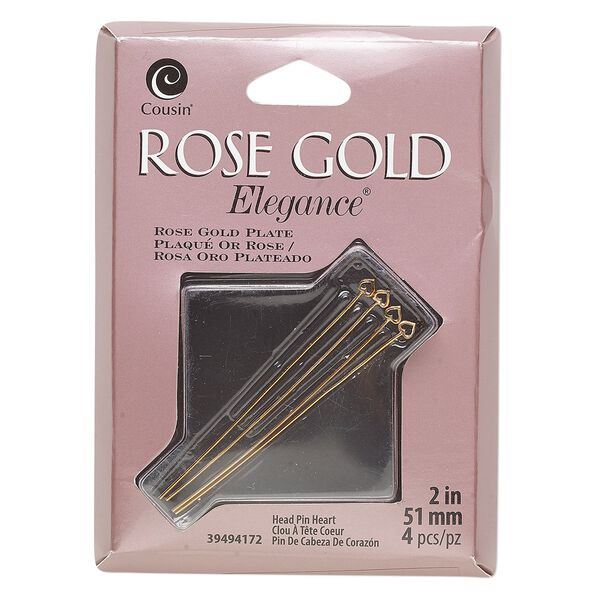 Head pin, rose gold-plated copper and lacquer, 2 inches with 3.5x3mm heart, 23-gauge. Sold per pkg of 4. image number 0