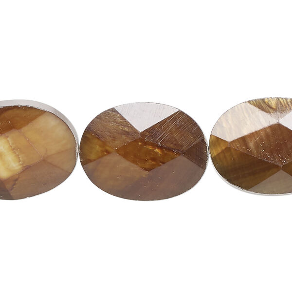 Bead, shell (dyed), brown, 20x15mm faceted puffed oval, Mohs hardness 3-1/2. Sold per 15-inch strand, approximately 20 beads. image number 0