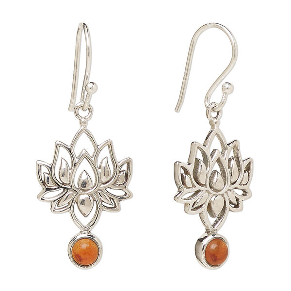 Ear wire, Create Compliments®, antiqued sterling silver and carnelian (dyed/heated), fishhook, 37.5mm with 22.5 x 14.5mm single-sided lotus, 21 gauge. Sold per pair. image number 0