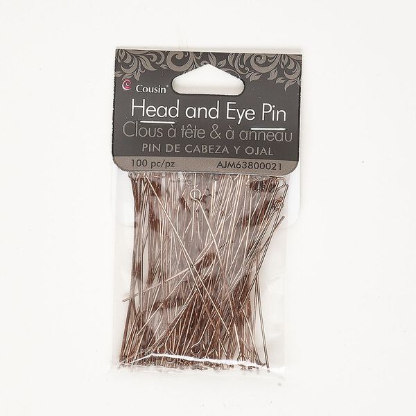 Head pin and eye pin mix, rose gold-finished steel, 2 inches, 21 gauge. Sold per pkg of 100. image number 0