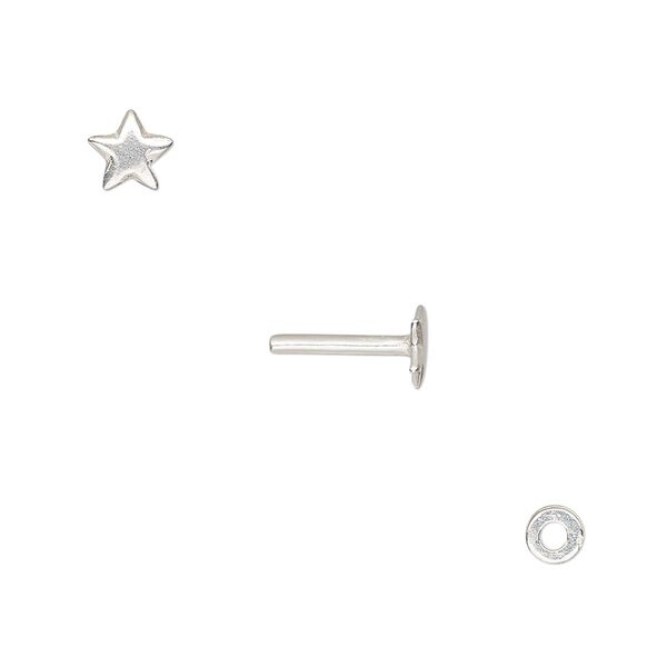 Washer and brad, silver-plated brass, 4x0.7mm and 10x5.5mm with 5.5x5mm star and 1.3mm post diameter. Sold per pkg of (2) 2-piece sets. image number 0