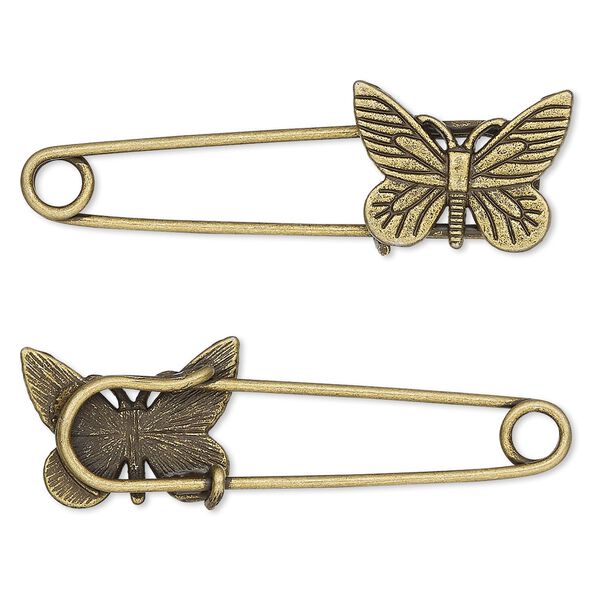 Brooch pin, antique brass-plated "pewter" (zinc-based alloy), 2-1/4 x 3/4 inches with 22x16mm single-sided butterfly. Sold per pkg of 2. image number 0