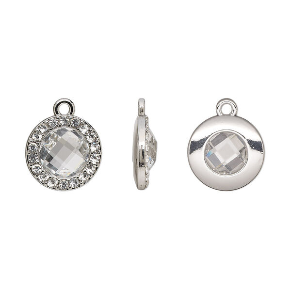 Drop, glass / glass rhinestone / imitation rhodium-finished "pewter" (zinc-based alloy), transparent clear, 15.5mm single-sided round. Sold per pkg of 2. image number 0