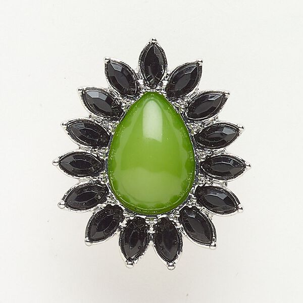 Bead, slide, brass / glass / acrylic, pkg/1, 33x28mm fancy teardrop, silver finish / black / green. image number 0