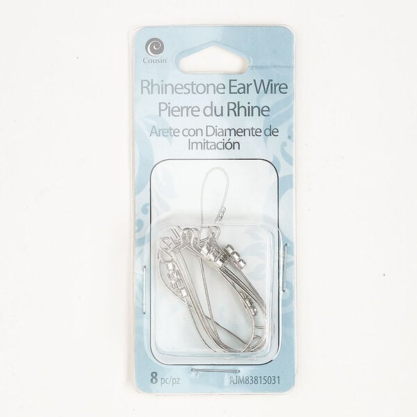 Ear wire, silver-finished steel and glass, clear, 37mm kidney with open loop, 21 gauge. Sold per pkg of 4 pairs. image number 0