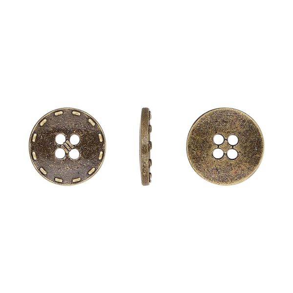 Button, antiqued brass-finished "pewter" (zinc-based alloy), 12mm single-sided flat round with stitched edge. Sold per pkg of 50. image number 0
