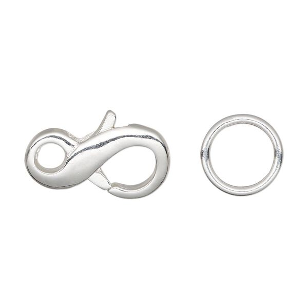 Clasp, lobster claw, silver-plated brass, 21x11mm infinity with (4) 12mm closed jump ring. Sold per pkg of 4. image number 0