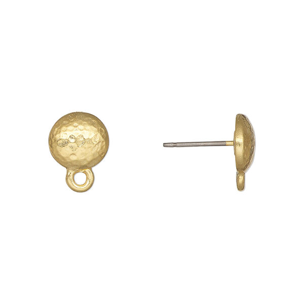 Earstud, TierraCast®, "Hammertone" collection, gold-plated pewter (tin-based alloy), 9mm hammered round with closed loop and titanium post. Sold per pkg of 5 pairs. image number 0